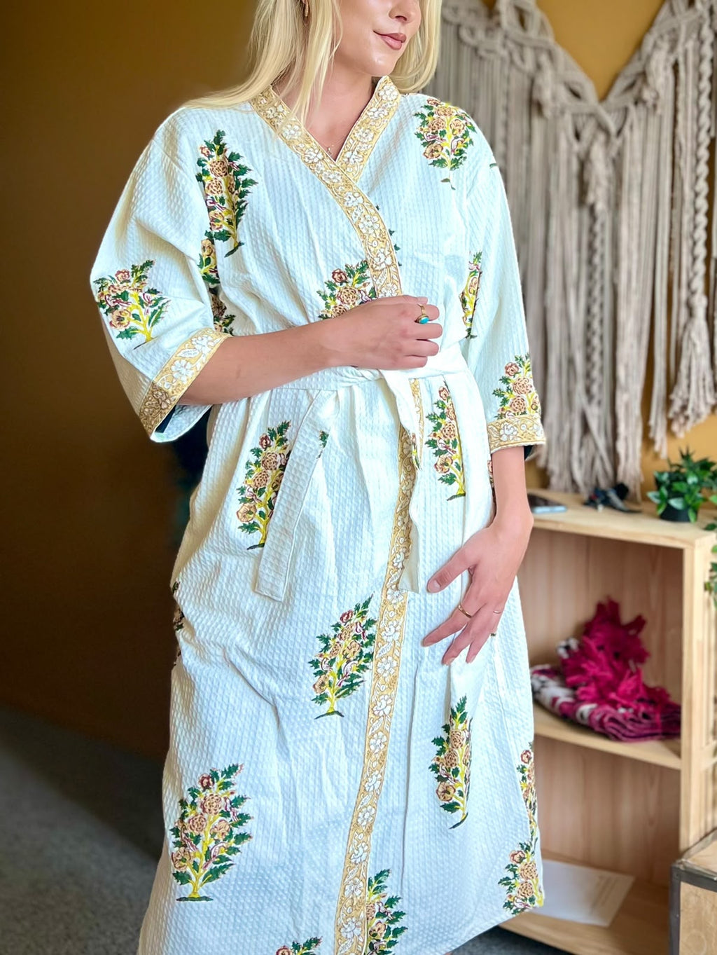 Yellow green stem flowers bath robe