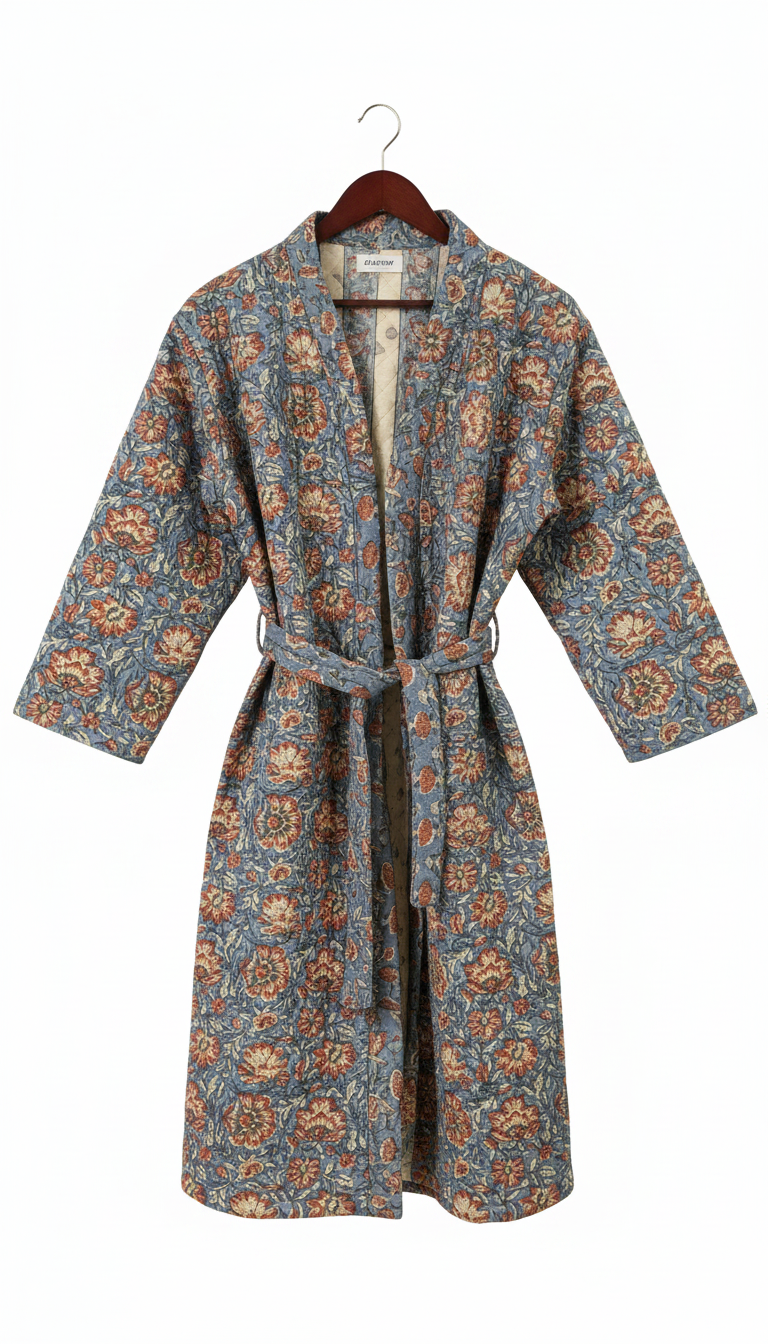 Gray Quilted robe with Orange rose