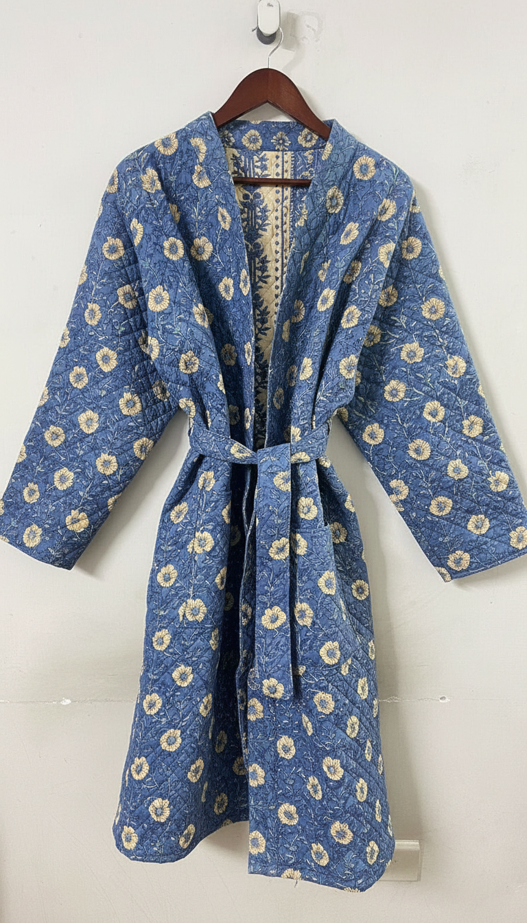 Blue floral Quilted Robe